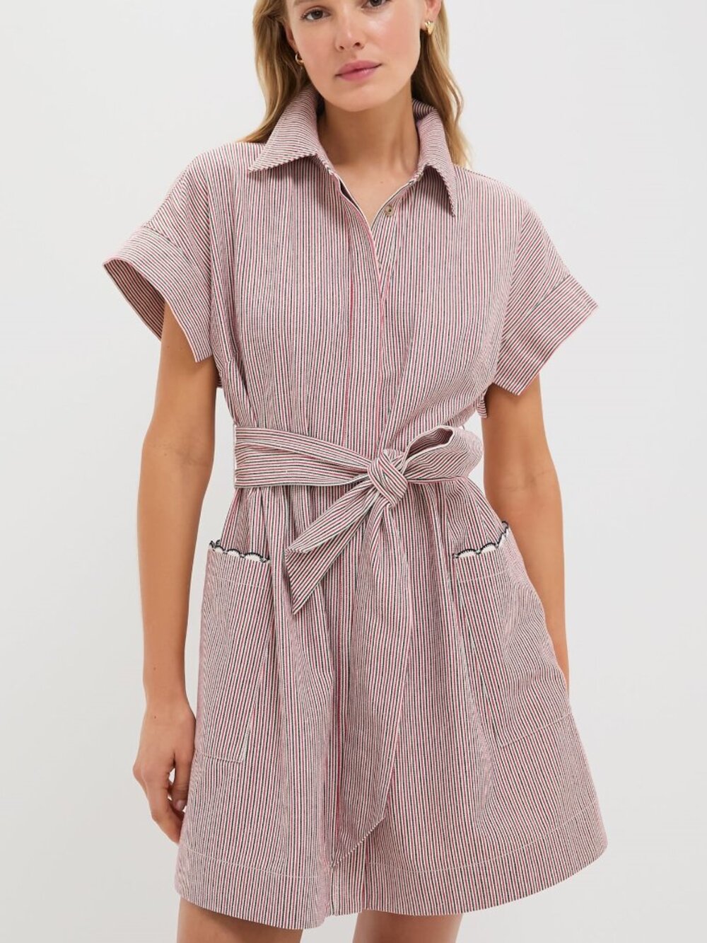 Tuckernuck Red/White/Blue Striped Tie-Waist Short Sleeve Mini "Ceci" Dress